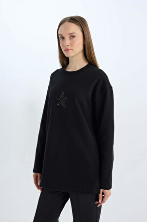 DeFacto Relax Fit Bisiklet Yaka Baskılı İçi Yumuşak Tüylü Sweatshirt Tunik D9028AX24WNBK81