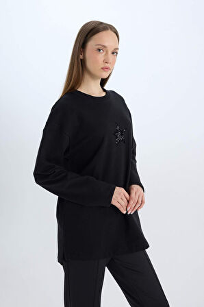 DeFacto Relax Fit Bisiklet Yaka Baskılı İçi Yumuşak Tüylü Sweatshirt Tunik D9028AX24WNBK81