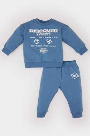 Erkek Bebek Slogan Baskılı Sweatshirt Kumaşı 2'li Takım