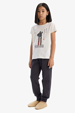 Kız Çocuk Pijama Takımı Baskılı Kısa Kollu Pijama Üstü Esnek Belli Uzun Pijama Altı