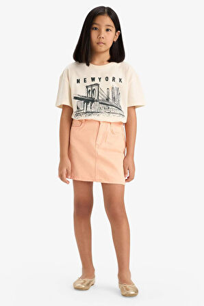 DeFacto Kız Çocuk Relax Fit Bisiklet Yaka Baskılı Kısa Kollu Tişört E0355A825SMER233