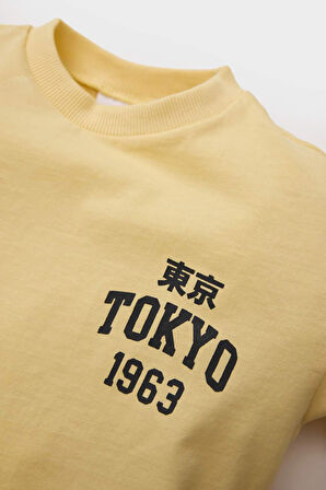 Erkek Bebek Bisiklet Yaka Baskılı Kısa Kollu Tişört