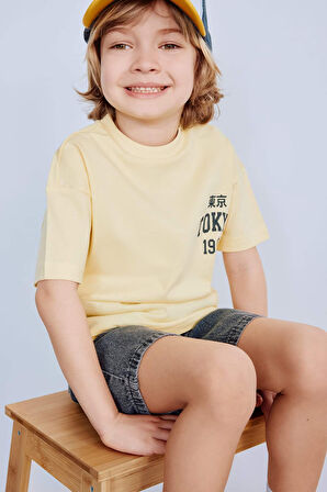 Erkek Bebek Bisiklet Yaka Baskılı Kısa Kollu Tişört