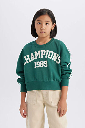 DeFacto Kız Çocuk Relax Fit Bisiklet Yaka Baskılı Sweatshirt D7442A825SPGN259