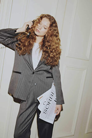 DeFacto x Sorbe Oversize Geniş Kalıp Ceket Yaka Çizgili Düğmeli Blazer Ceket D9916AX24AUAR104