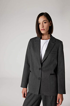 DeFacto x Sorbe Oversize Geniş Kalıp Ceket Yaka Çizgili Düğmeli Blazer Ceket D9916AX24AUAR104