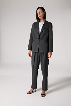 DeFacto x Sorbe Oversize Geniş Kalıp Ceket Yaka Çizgili Düğmeli Blazer Ceket D9916AX24AUAR104