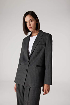 DeFacto x Sorbe Oversize Geniş Kalıp Ceket Yaka Çizgili Düğmeli Blazer Ceket D9916AX24AUAR104