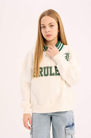 Kız Çocuk Oversize Geniş Kalıp Polo Yaka Baskılı İçi Yumuşak Tüylü Sweatshirt