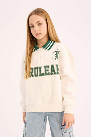Kız Çocuk Oversize Geniş Kalıp Polo Yaka Baskılı İçi Yumuşak Tüylü Sweatshirt