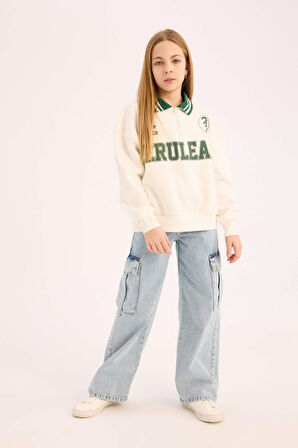 Kız Çocuk Oversize Geniş Kalıp Polo Yaka Baskılı İçi Yumuşak Tüylü Sweatshirt