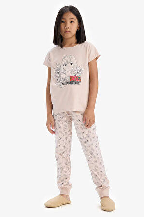 Kız Çocuk Pijama Takımı Baskılı Kısa Kollu Üst Beli Lastikli Uzun Alt