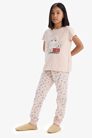 Kız Çocuk Pijama Takımı Baskılı Kısa Kollu Üst Beli Lastikli Uzun Alt