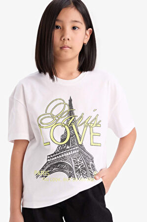 DeFacto Kız Çocuk Relax Fit Bisiklet Yaka Baskılı Kısa Kollu Tişört E0353A825SMWT34