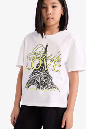 DeFacto Kız Çocuk Relax Fit Bisiklet Yaka Baskılı Kısa Kollu Tişört E0353A825SMWT34