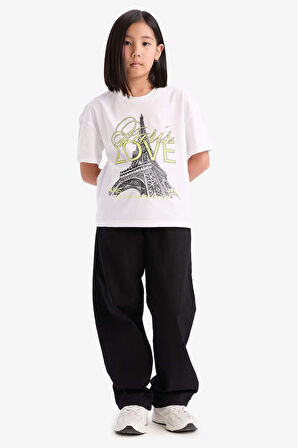 DeFacto Kız Çocuk Relax Fit Bisiklet Yaka Baskılı Kısa Kollu Tişört E0353A825SMWT34