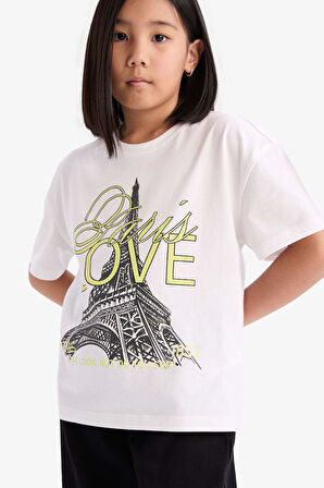 DeFacto Kız Çocuk Relax Fit Bisiklet Yaka Baskılı Kısa Kollu Tişört E0353A825SMWT34