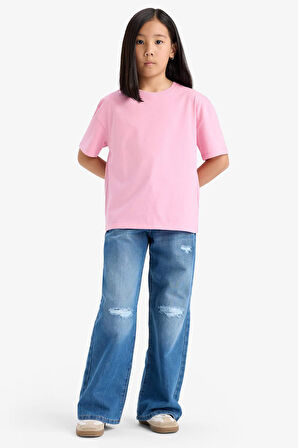 DeFacto Kız Çocuk Relax Fit Bisiklet Yaka Sırt Baskılı Kısa Kollu Tişört E0353A825SMPN666