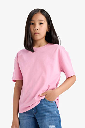 DeFacto Kız Çocuk Relax Fit Bisiklet Yaka Sırt Baskılı Kısa Kollu Tişört E0353A825SMPN666