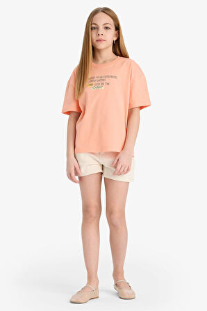 Kız Çocuk Relax Fit Bisiklet Yaka Baskılı Kısa Kollu Tişört