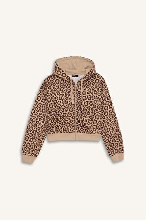 Coool Loose Fit Leopar Desenli Kapüşonlu Fermuarlı Sweatshirt