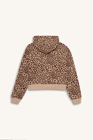 Coool Loose Fit Leopar Desenli Kapüşonlu Fermuarlı Sweatshirt