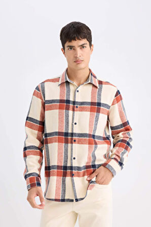 Regular Fit Polo Yaka Kareli Flanel Uzun Kollu Gömlek