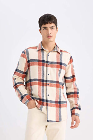 Regular Fit Polo Yaka Kareli Flanel Uzun Kollu Gömlek