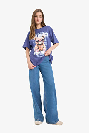 Defacto E0672 Mor Coool Oversize Geniş Kalıp Bisiklet Yaka Baskılı Kısa Kollu Tişört