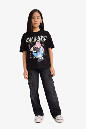 DeFacto Kız Çocuk Oversize Geniş Kalıp Bisiklet Yaka Baskılı Kısa Kollu Tişört E0356A825SMBK81