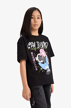 DeFacto Kız Çocuk Oversize Geniş Kalıp Bisiklet Yaka Baskılı Kısa Kollu Tişört E0356A825SMBK81