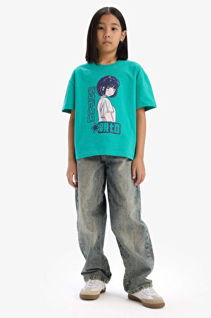 DeFacto Kız Çocuk Oversize Geniş Kalıp Bisiklet Yaka Baskılı Kısa Kollu Tişört E0356A825SMGN1053