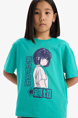 DeFacto Kız Çocuk Oversize Geniş Kalıp Bisiklet Yaka Baskılı Kısa Kollu Tişört E0356A825SMGN1053