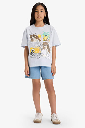 DeFacto Kız Çocuk Oversize Geniş Kalıp Bisiklet Yaka Baskılı Kısa Kollu Tişört E0356A825SMBE823