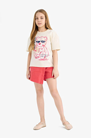 DeFacto Kız Çocuk Relax Fit Baskılı Bisiklet Yaka Kısa Kollu Tişört E0389A825SMER134