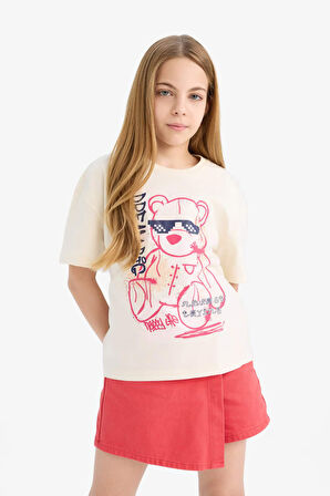 DeFacto Kız Çocuk Relax Fit Baskılı Bisiklet Yaka Kısa Kollu Tişört E0389A825SMER134