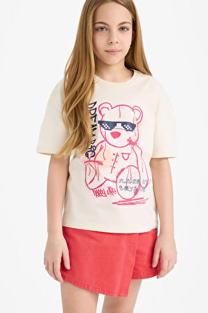 DeFacto Kız Çocuk Relax Fit Baskılı Bisiklet Yaka Kısa Kollu Tişört E0389A825SMER134