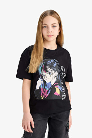 DeFacto Kız Çocuk Relax Fit Bisiklet Yaka Baskılı Kısa Kollu Tişört E0389A825SMBK81