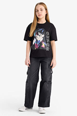 DeFacto Kız Çocuk Relax Fit Bisiklet Yaka Baskılı Kısa Kollu Tişört E0389A825SMBK81