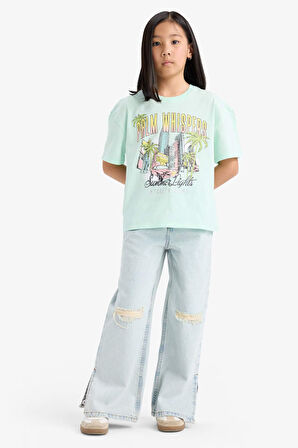 DeFacto Kız Çocuk Relax Fit Bisiklet Yaka Baskılı Kısa Kollu Tişört E0389A825SMTR413