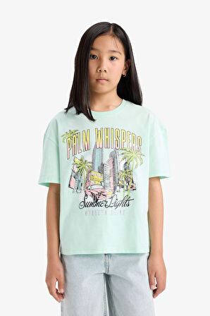 DeFacto Kız Çocuk Relax Fit Bisiklet Yaka Baskılı Kısa Kollu Tişört E0389A825SMTR413