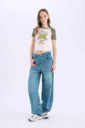 Defacto E0678 Haki Coool Fitted Bisiklet Yaka Baskılı Fitilli Kaşkorse Kısa Kollu Tişört