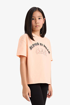 DeFacto Kız Çocuk Relax Fit Baskılı Bisiklet Yaka Kısa Kollu Tişört E0390A825SMOG200