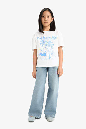 DeFacto Kız Çocuk Relax Fit Palmiye Baskılı Bisiklet Yaka Kısa Kollu Tişört E0390A825SMWT34