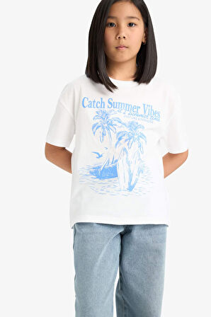 DeFacto Kız Çocuk Relax Fit Palmiye Baskılı Bisiklet Yaka Kısa Kollu Tişört E0390A825SMWT34
