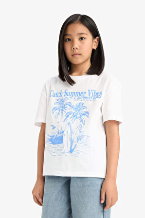 DeFacto Kız Çocuk Relax Fit Palmiye Baskılı Bisiklet Yaka Kısa Kollu Tişört E0390A825SMWT34