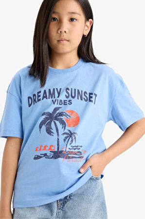 Kız Çocuk Relax Fit Baskılı Bisiklet Yaka Kısa Kollu Tişört