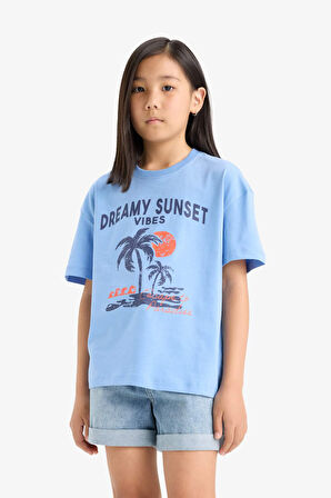 Kız Çocuk Relax Fit Baskılı Bisiklet Yaka Kısa Kollu Tişört