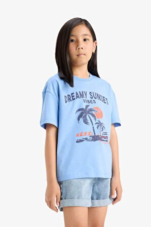 Kız Çocuk Relax Fit Baskılı Bisiklet Yaka Kısa Kollu Tişört