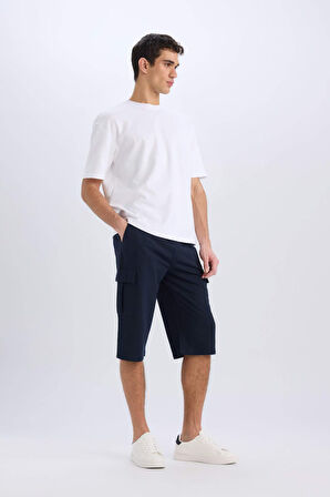 Slim Fit Dar Kesim Kargo Cepli Basic Düz Kapri Şort